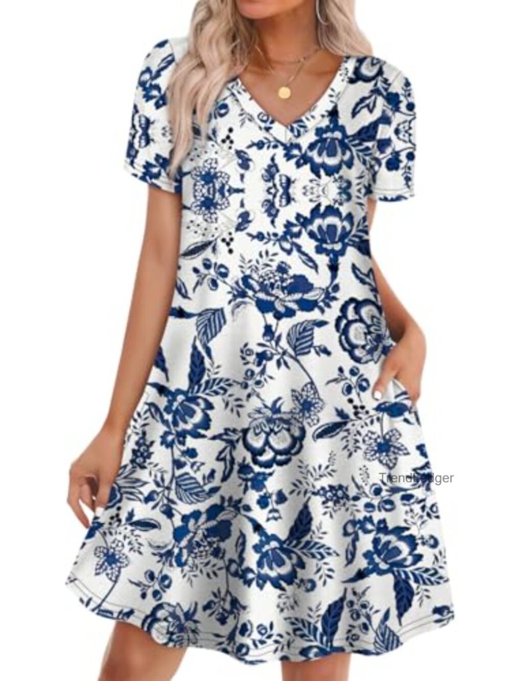 Boho T-Shirt Dress with Pockets Casual Loose Fit A-Line V-Neck